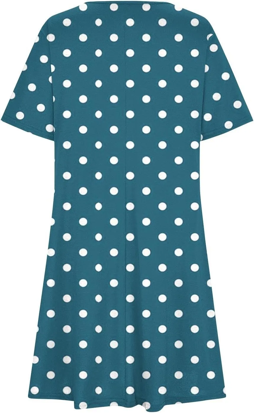 Womens Shirt Dresses 2025 Short Sleeve Crewneck Summer Dress Polka Dot Vintage Dress Loose Fit Shift Dress