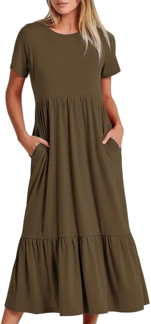 Women's Short Sleeve Pocket Swing Dresses Casual Loose Beach T-Shirt Dress Summer Flowy Ruffle Maxi Long Dress