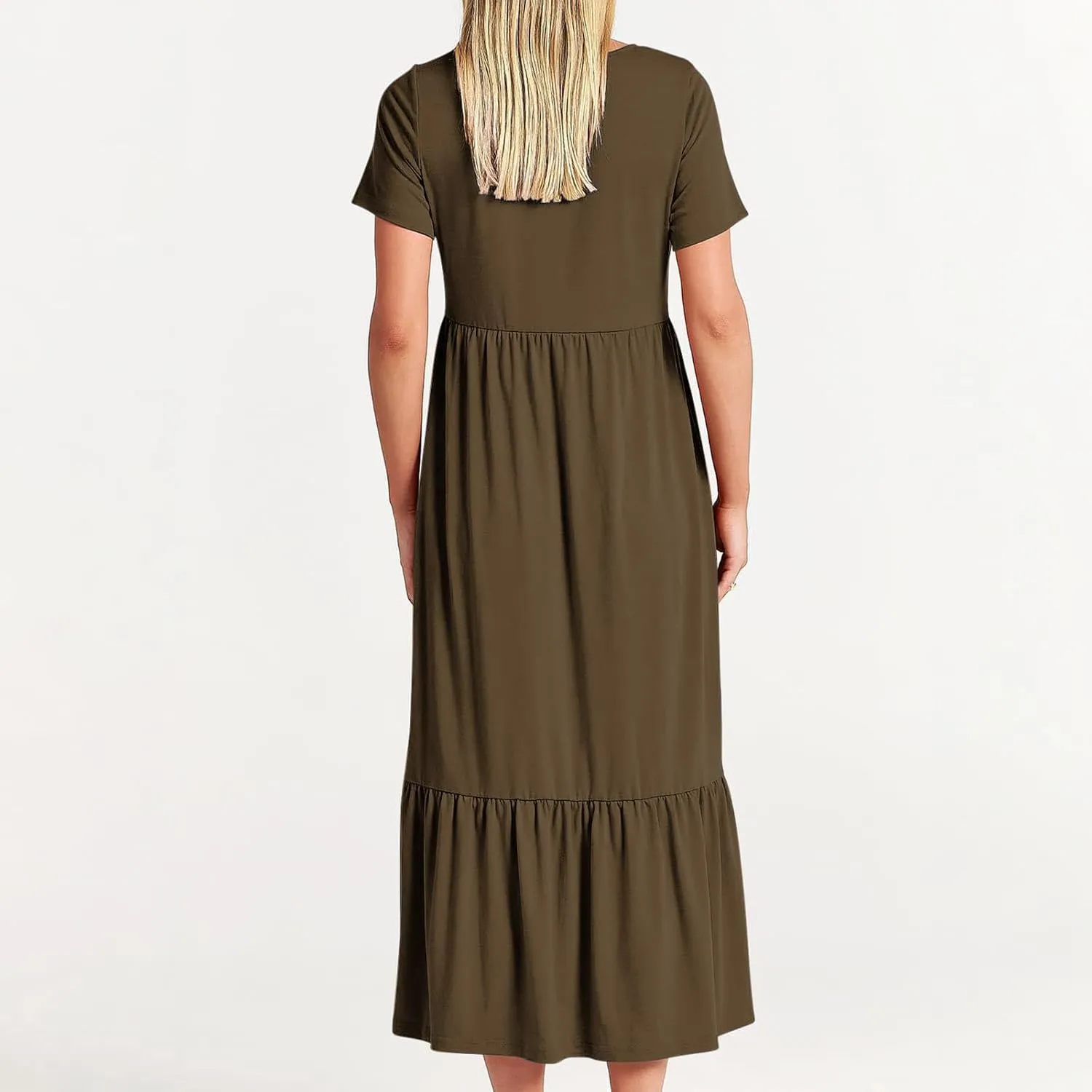 Women's Short Sleeve Pocket Swing Dresses Casual Loose Beach T-Shirt Dress Summer Flowy Ruffle Maxi Long Dress