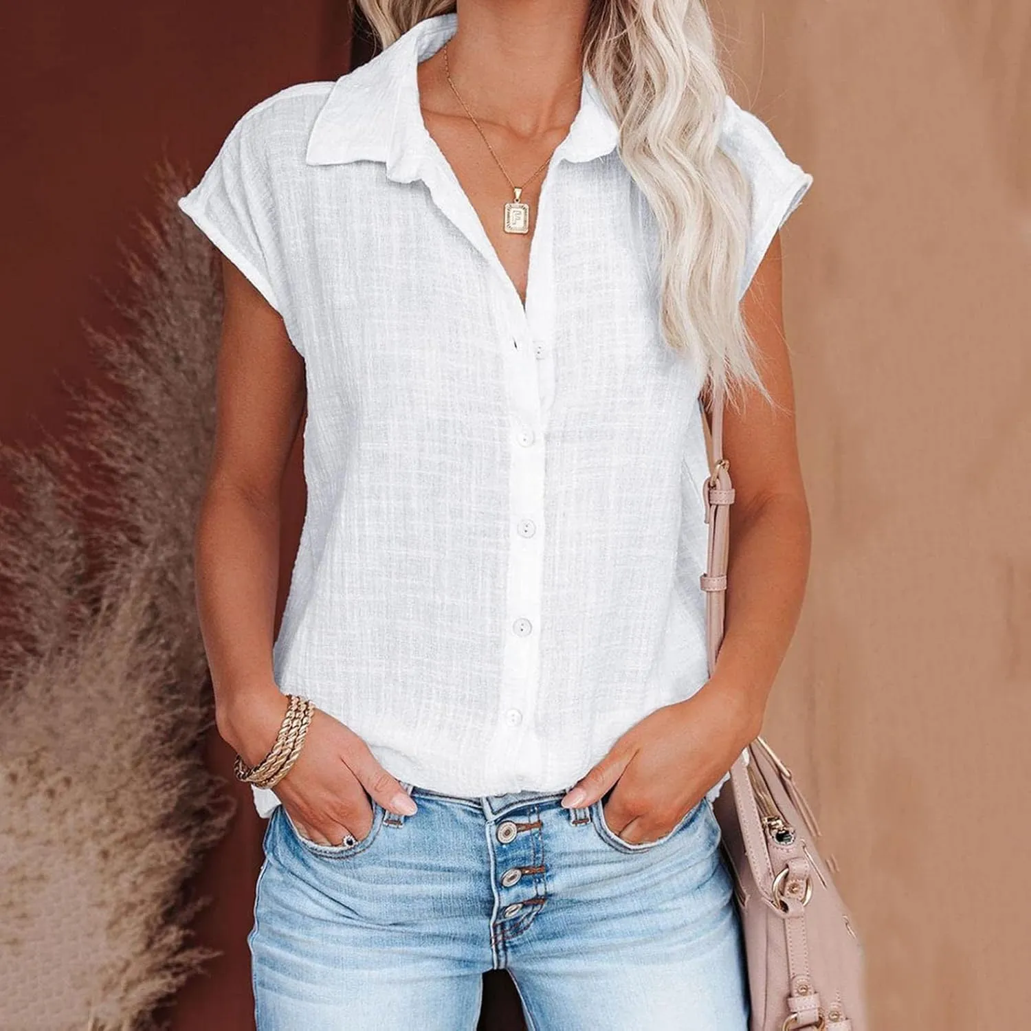 Womens Short Sleeve Shirts Tops Summer Casual Button Down Lapel Tee Solid Color Cotton Linen Loose Fit T-Shirt Blouse