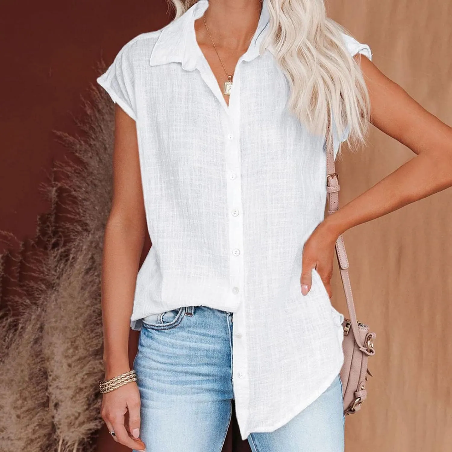 Womens Short Sleeve Shirts Tops Summer Casual Button Down Lapel Tee Solid Color Cotton Linen Loose Fit T-Shirt Blouse