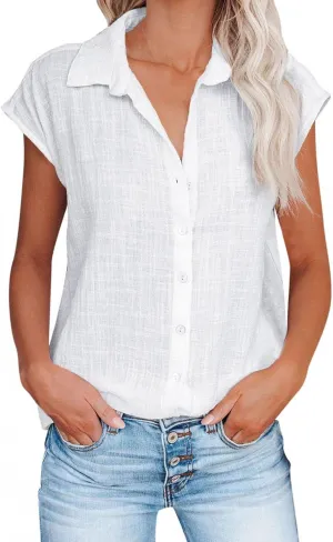 Womens Short Sleeve Shirts Tops Summer Casual Button Down Lapel Tee Solid Color Cotton Linen Loose Fit T-Shirt Blouse