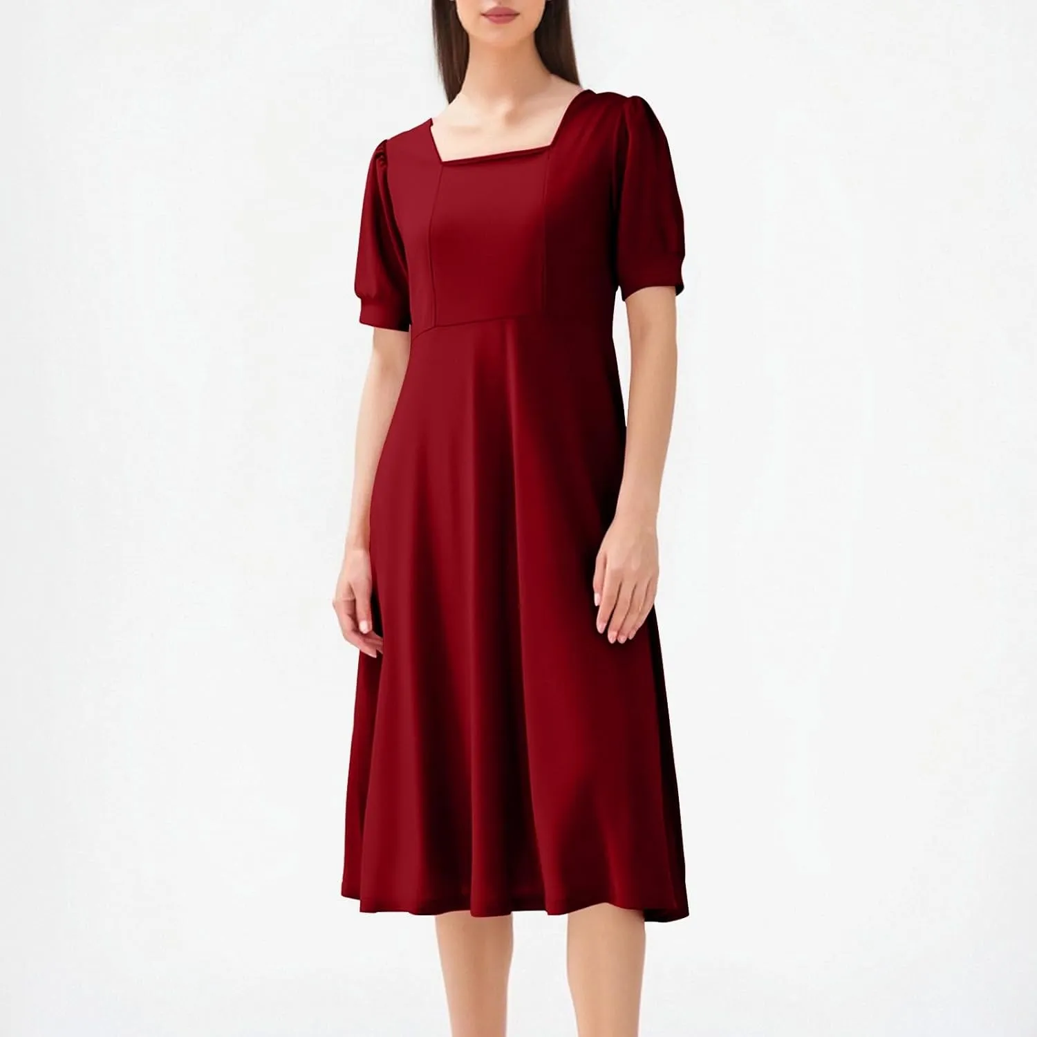 Womens Short Sleeve Summer Dresses Crewneck Solid Color Midi Dress Loose Fit Shift Dress 2025