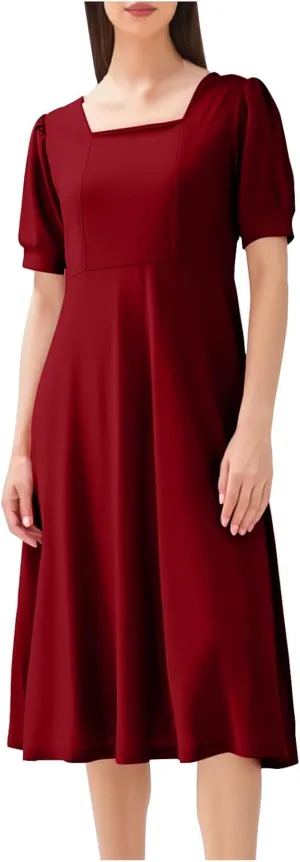 Womens Short Sleeve Summer Dresses Crewneck Solid Color Midi Dress Loose Fit Shift Dress 2025