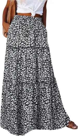 Womens Skirts Summer Flowy Maxi Skirt Drawstring High Waisted Ruffle Tiered A-Line Skirts Y2K Skirt Long with Pockets
