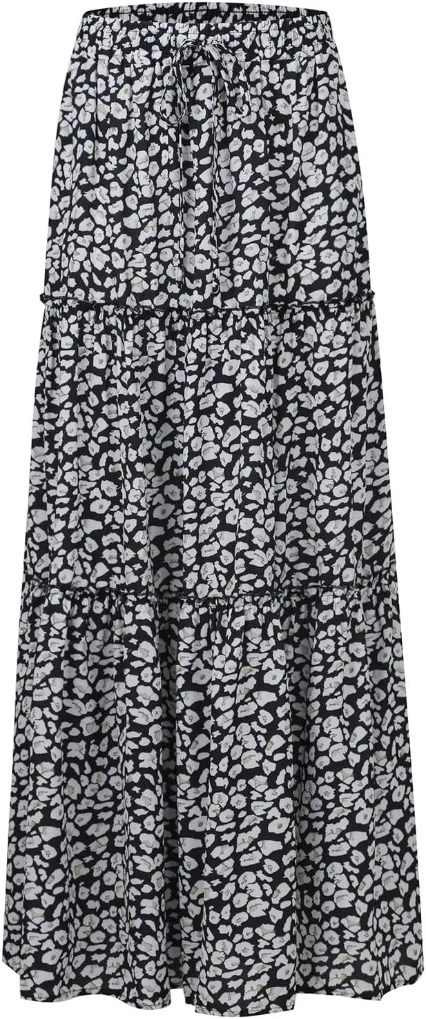 Womens Skirts Summer Flowy Maxi Skirt Drawstring High Waisted Ruffle Tiered A-Line Skirts Y2K Skirt Long with Pockets