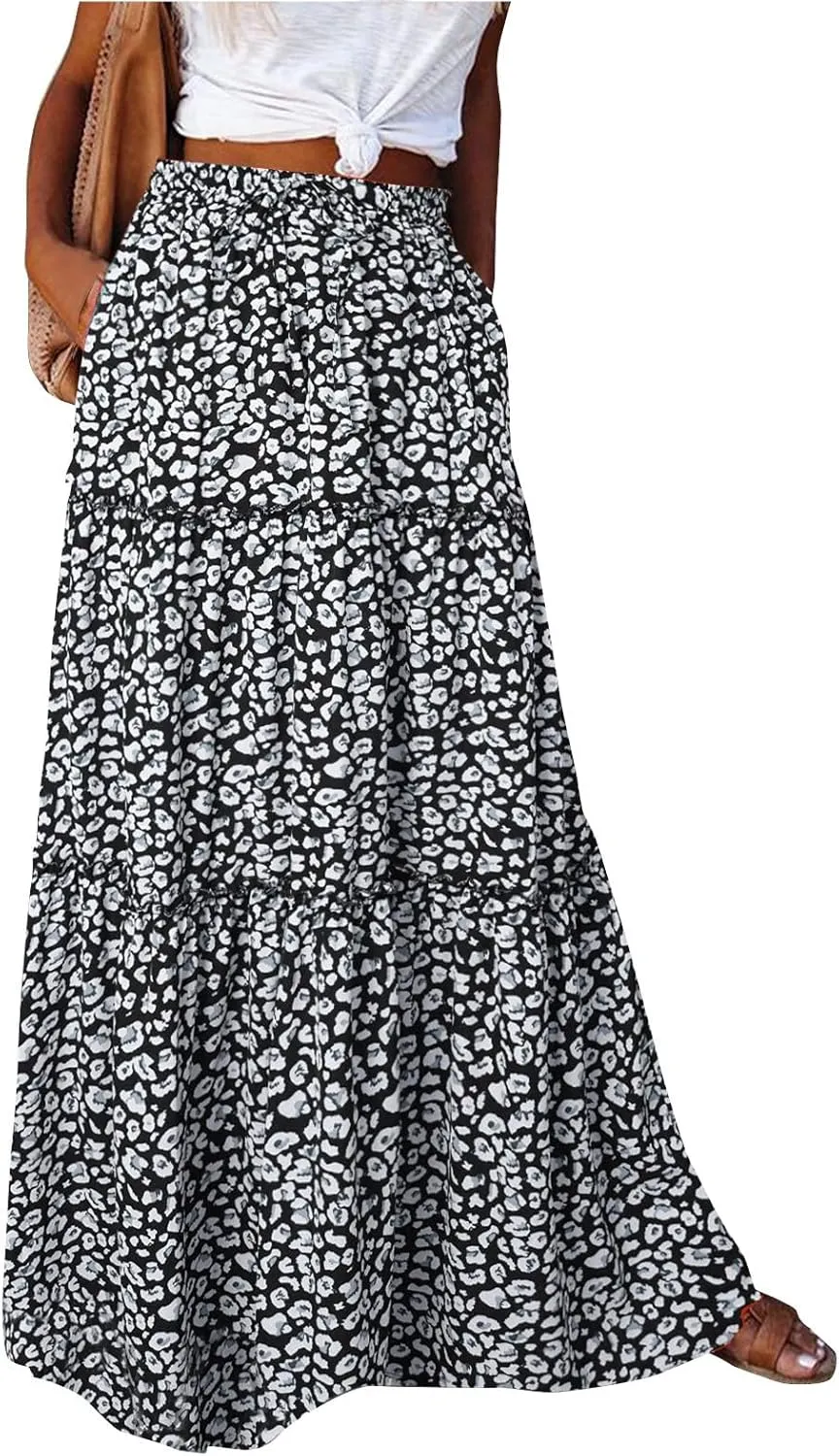 Womens Skirts Summer Flowy Maxi Skirt Drawstring High Waisted Ruffle Tiered A-Line Skirts Y2K Skirt Long with Pockets