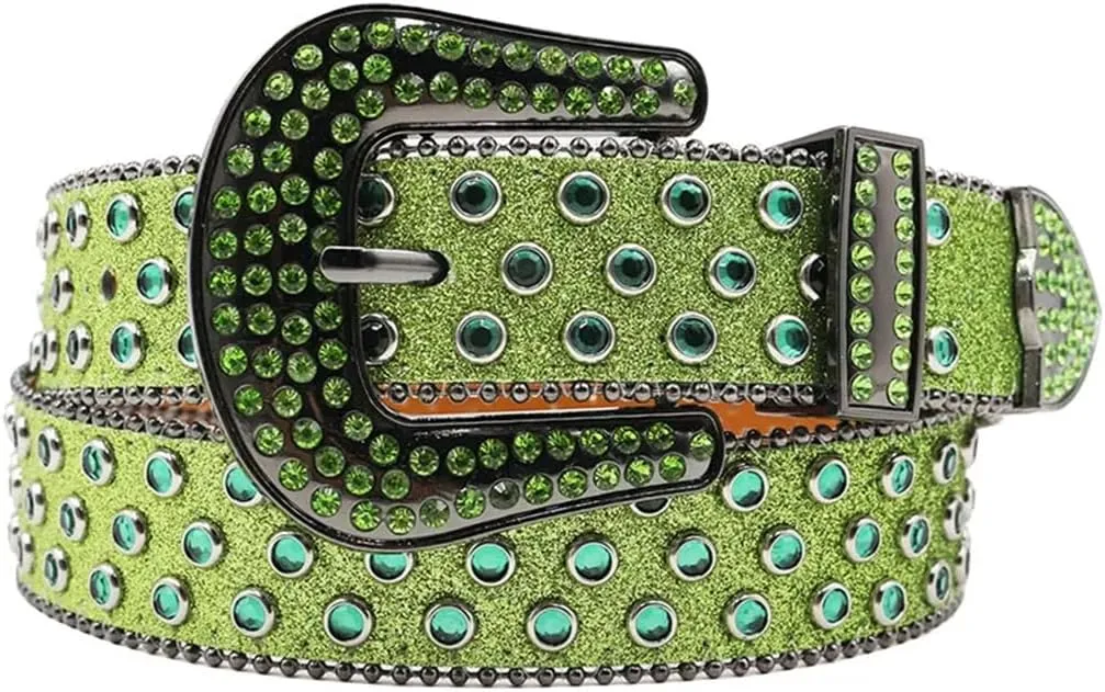 Women’S Soft Leather Rhinestone Belt Punk Diamond Studded Pin Buckle Waistband Unisex Belt