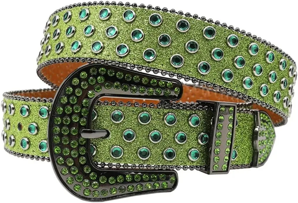 Women’S Soft Leather Rhinestone Belt Punk Diamond Studded Pin Buckle Waistband Unisex Belt