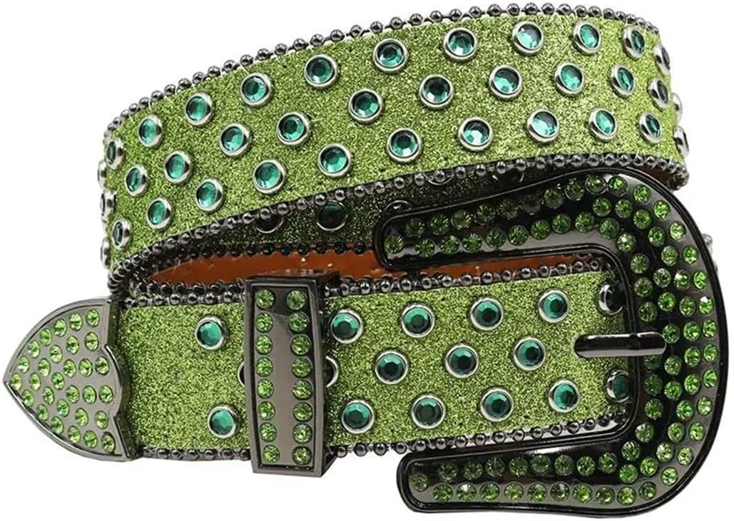 Women’S Soft Leather Rhinestone Belt Punk Diamond Studded Pin Buckle Waistband Unisex Belt