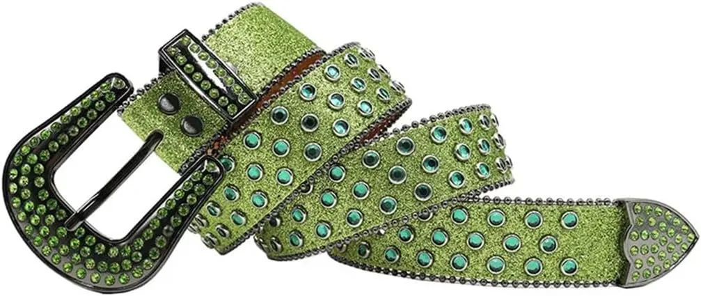 Women’S Soft Leather Rhinestone Belt Punk Diamond Studded Pin Buckle Waistband Unisex Belt