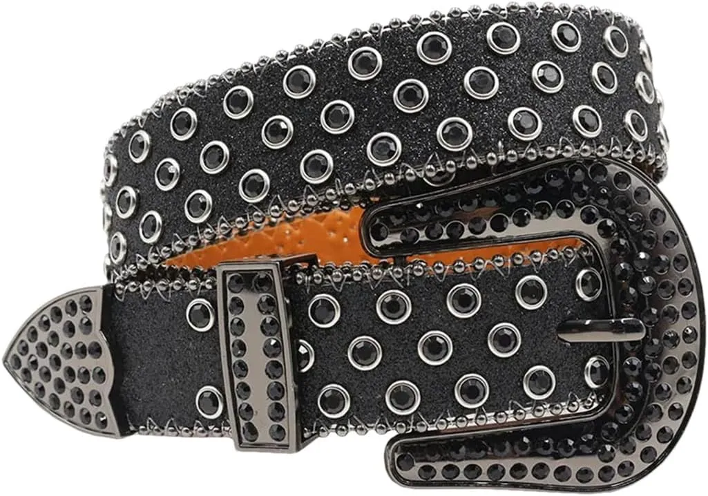 Women’S Soft Leather Rhinestone Belt Punk Diamond Studded Pin Buckle Waistband Unisex Belt