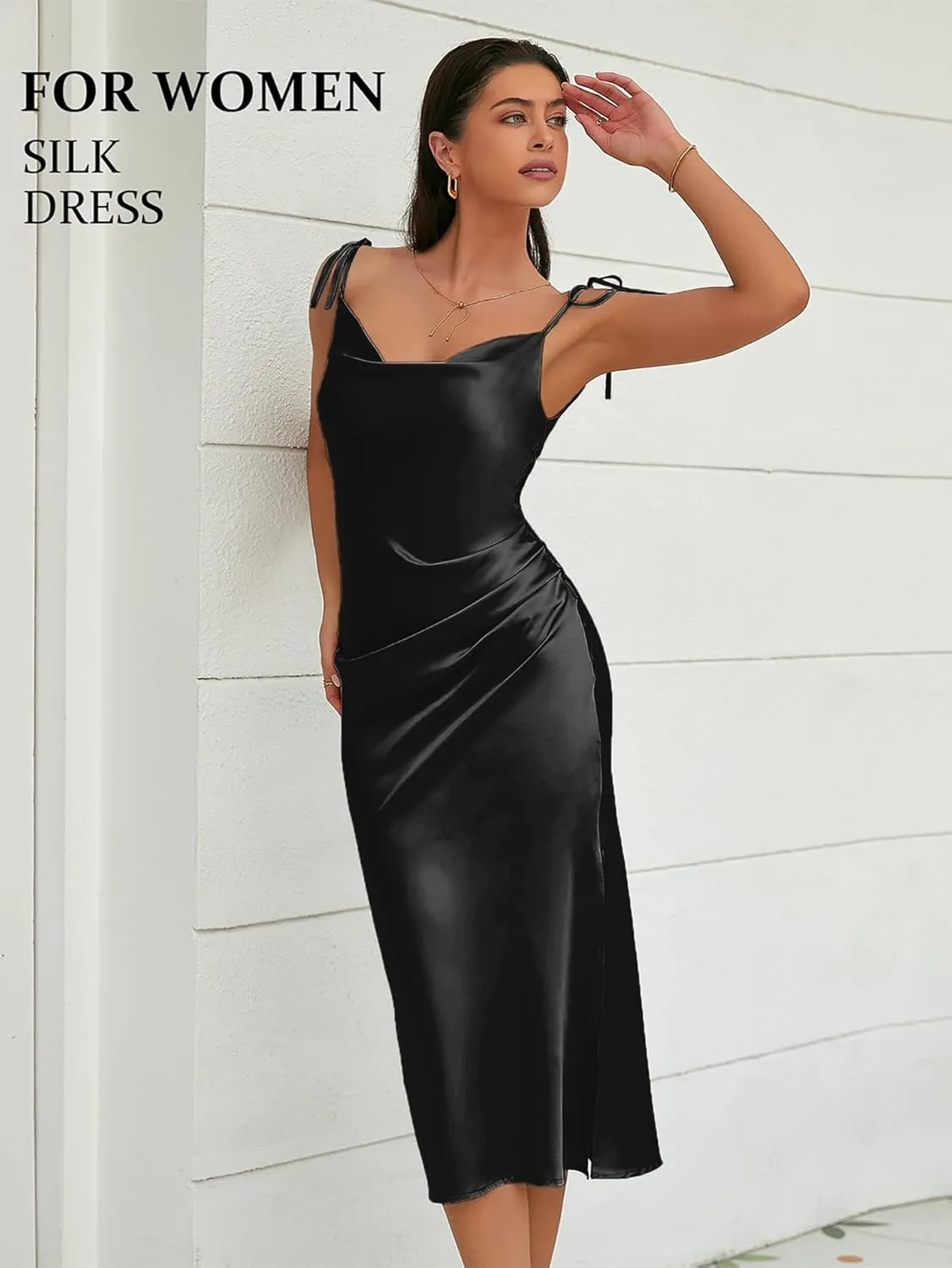 Women's Spaghetti Strap Midi Satin Slik Dress Cowl Neck Elegant Long Slip Ruched Evening Dress Party Cocktail