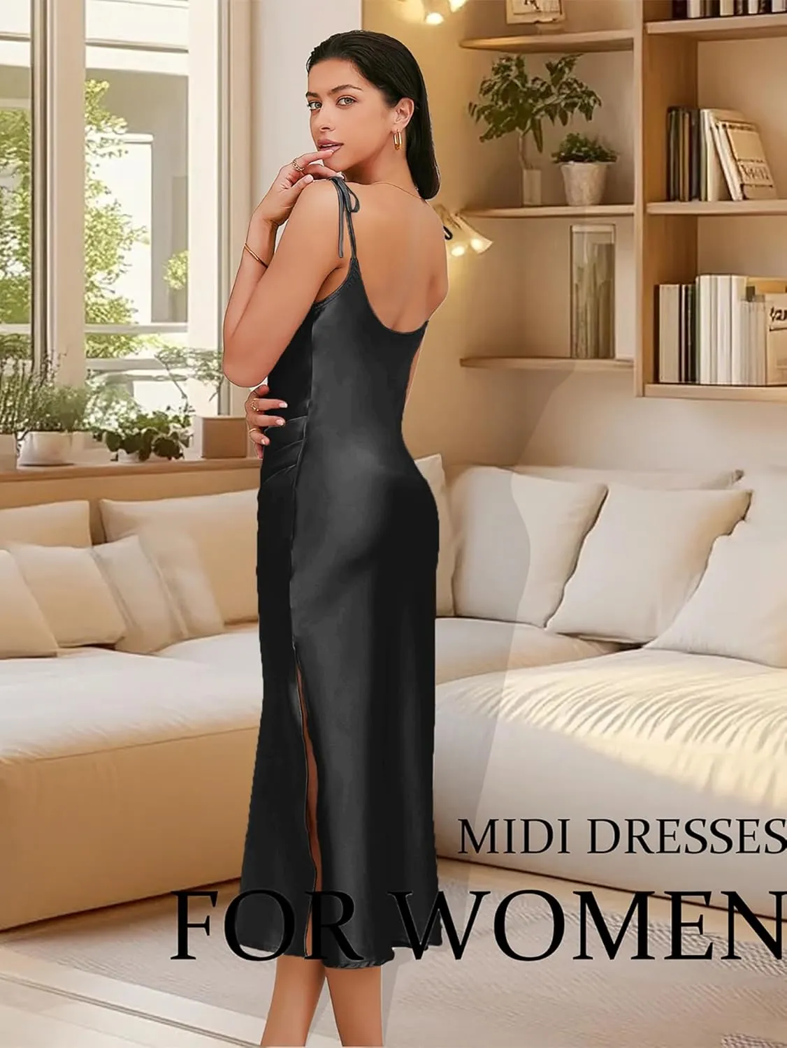 Women's Spaghetti Strap Midi Satin Slik Dress Cowl Neck Elegant Long Slip Ruched Evening Dress Party Cocktail