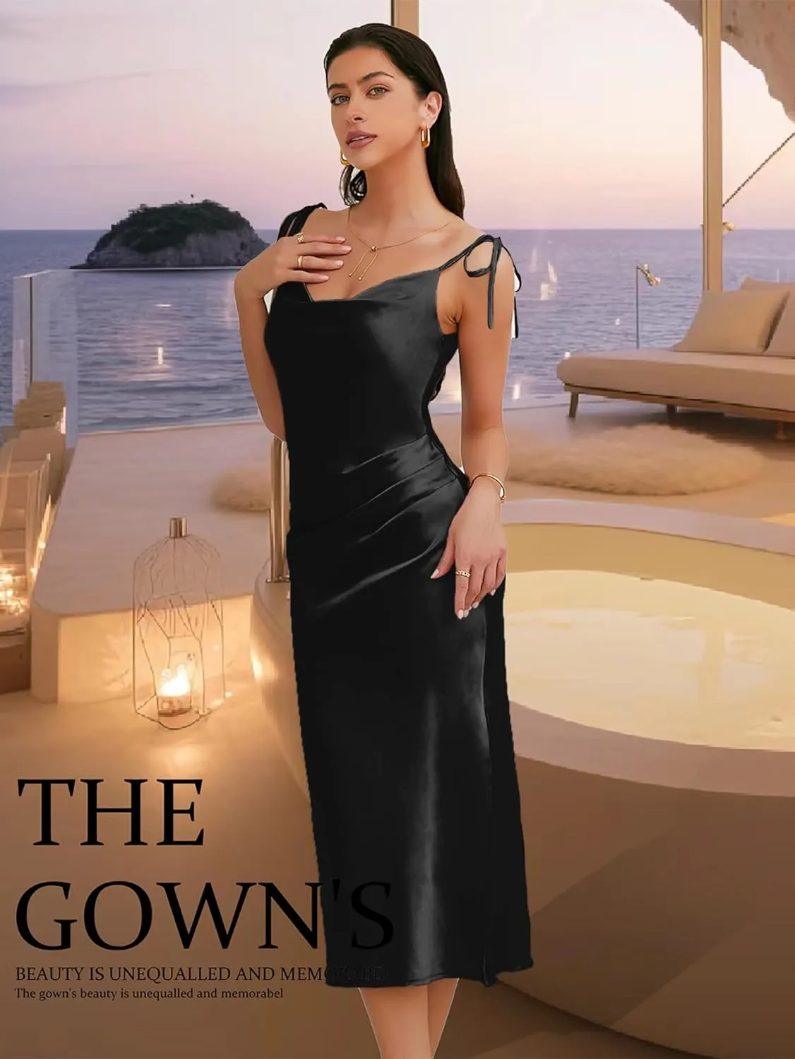 Women's Spaghetti Strap Midi Satin Slik Dress Cowl Neck Elegant Long Slip Ruched Evening Dress Party Cocktail