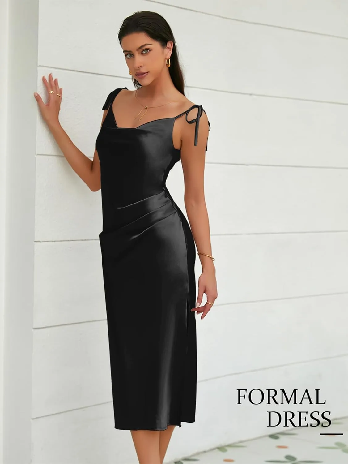 Women's Spaghetti Strap Midi Satin Slik Dress Cowl Neck Elegant Long Slip Ruched Evening Dress Party Cocktail