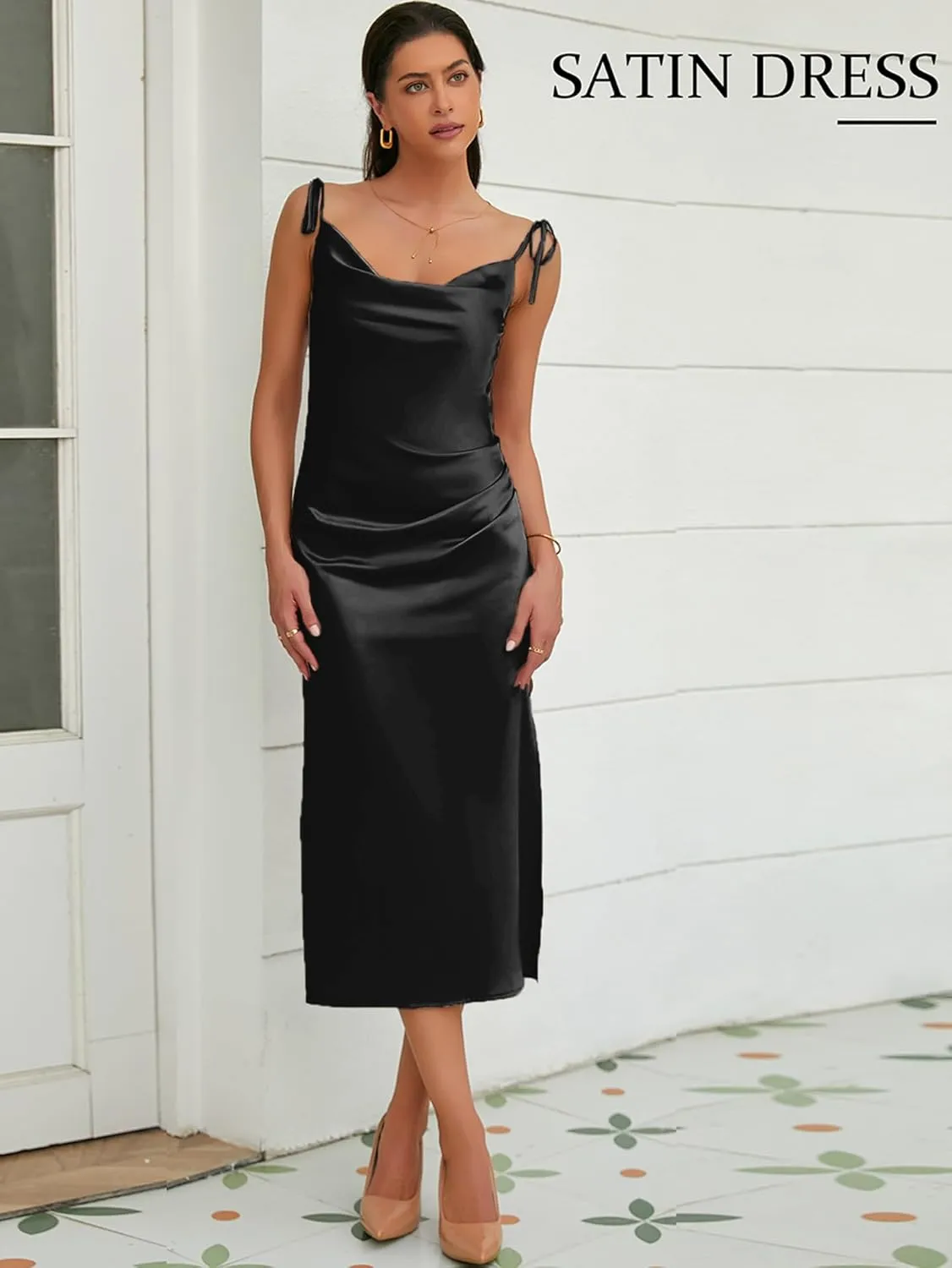 Women's Spaghetti Strap Midi Satin Slik Dress Cowl Neck Elegant Long Slip Ruched Evening Dress Party Cocktail