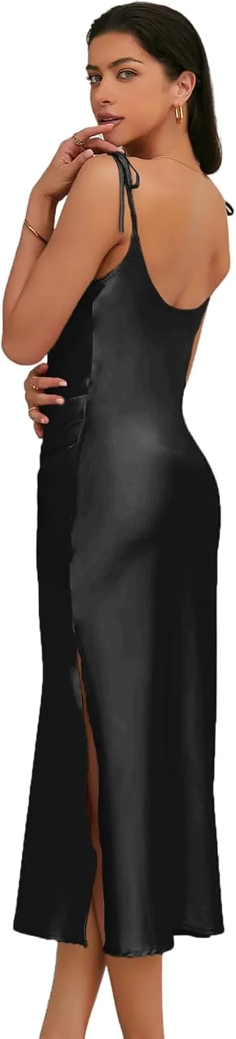 Women's Spaghetti Strap Midi Satin Slik Dress Cowl Neck Elegant Long Slip Ruched Evening Dress Party Cocktail