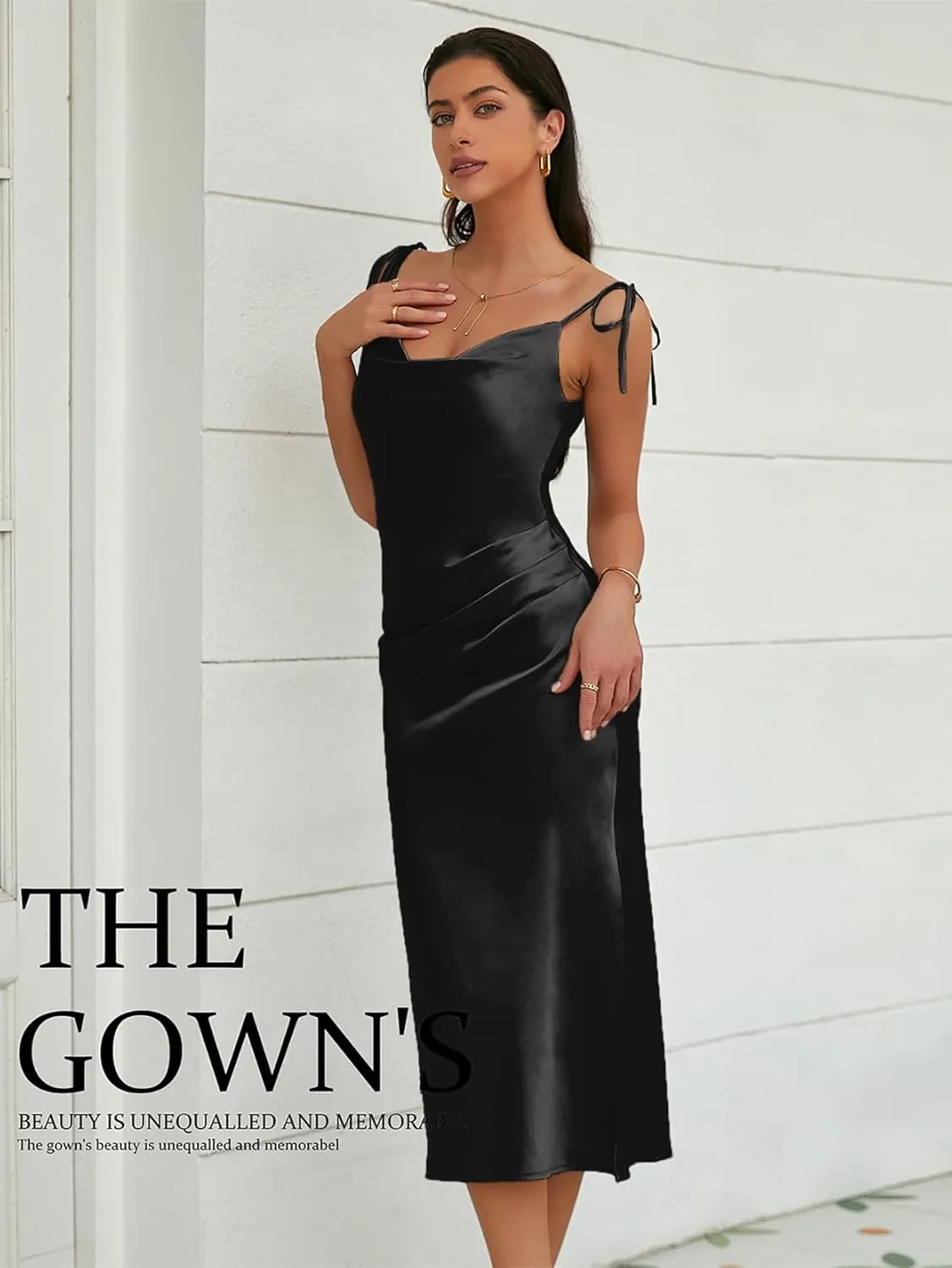 Women's Spaghetti Strap Midi Satin Slik Dress Cowl Neck Elegant Long Slip Ruched Evening Dress Party Cocktail