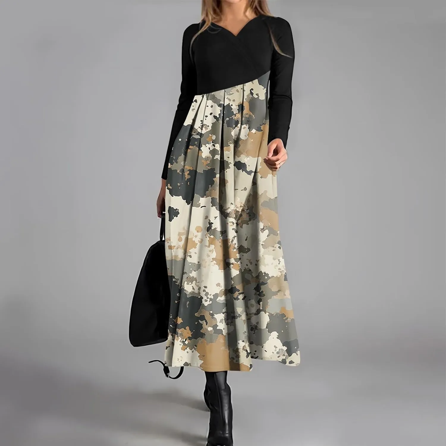Womens Spring Dresses 2025 Midi Long Sleeve V Neck Trendy Tea Length Work Casual Cruise Dressy Dress