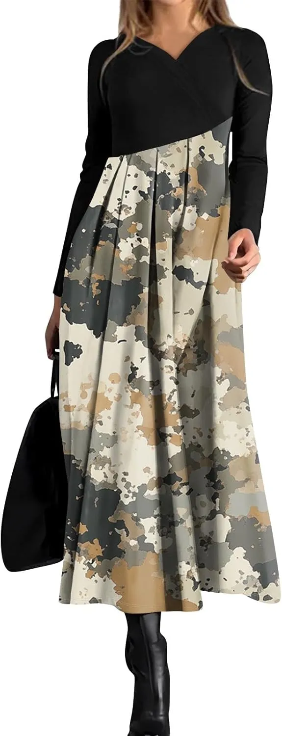 Womens Spring Dresses 2025 Midi Long Sleeve V Neck Trendy Tea Length Work Casual Cruise Dressy Dress