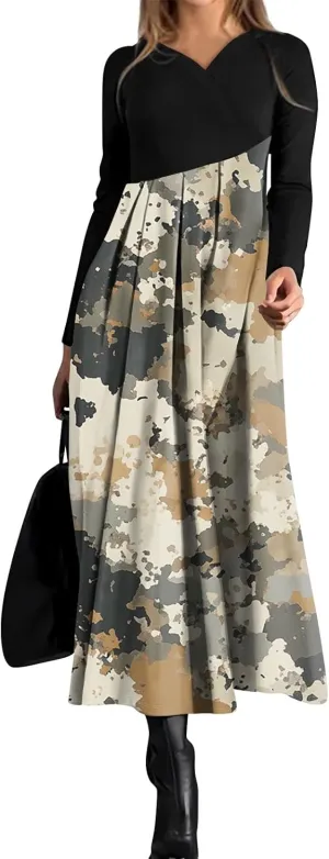 Womens Spring Dresses 2025 Midi Long Sleeve V Neck Trendy Tea Length Work Casual Cruise Dressy Dress