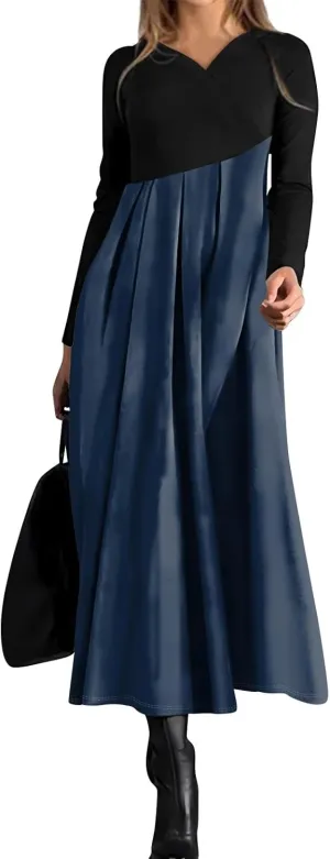 Womens Spring Dresses 2025 V Neck Midi Long Sleeve Modest Boho Flowy Vacation Cruise Western Dress