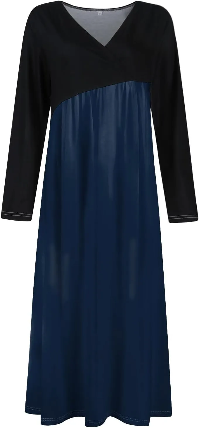 Womens Spring Dresses 2025 V Neck Midi Long Sleeve Modest Boho Flowy Vacation Cruise Western Dress
