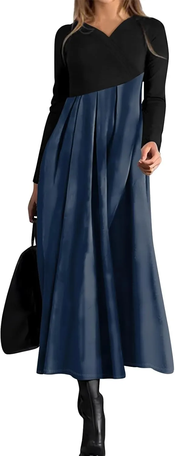 Womens Spring Dresses 2025 V Neck Midi Long Sleeve Modest Boho Flowy Vacation Cruise Western Dress
