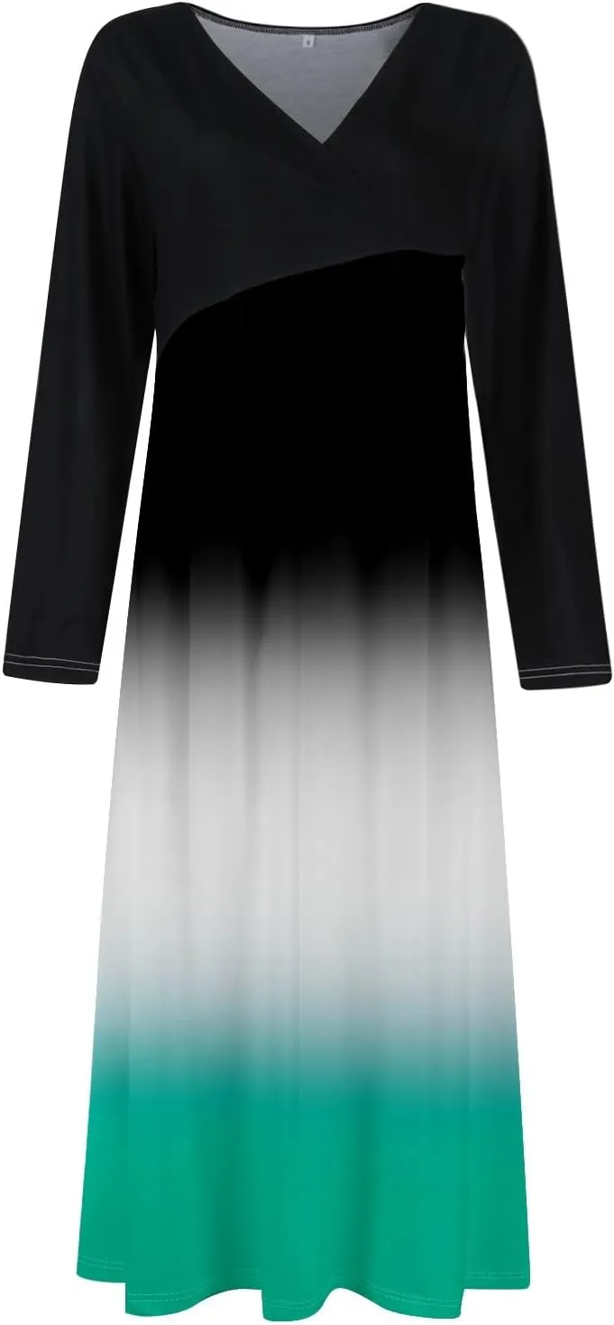 Womens Spring Fashion 2025 Dress Long Sleeve Midi V Neck Cute Casual Boho Ladies Dressy Holiday Dress