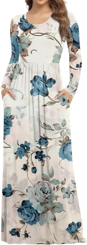 Women's Spring Simple Beach Long Sleeve Floral Print Dress Elegant Crew Neck Long Dresses