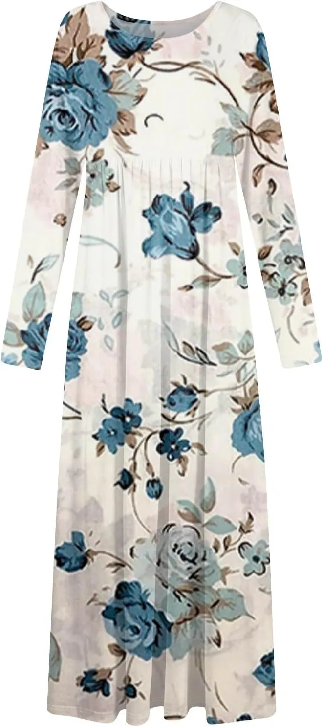 Women's Spring Simple Beach Long Sleeve Floral Print Dress Elegant Crew Neck Long Dresses