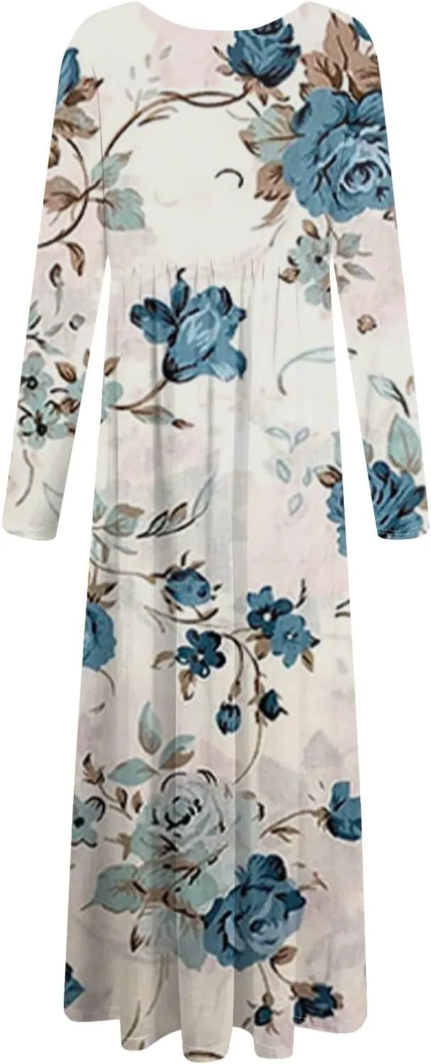 Women's Spring Simple Beach Long Sleeve Floral Print Dress Elegant Crew Neck Long Dresses