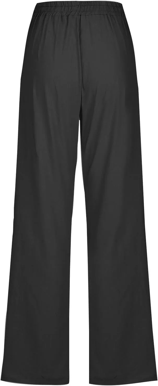 Womens Straight Leg Linen Pants Drawstring Elastic Waist Casual Trousers with Pockets Summer Beach Lounge Pants