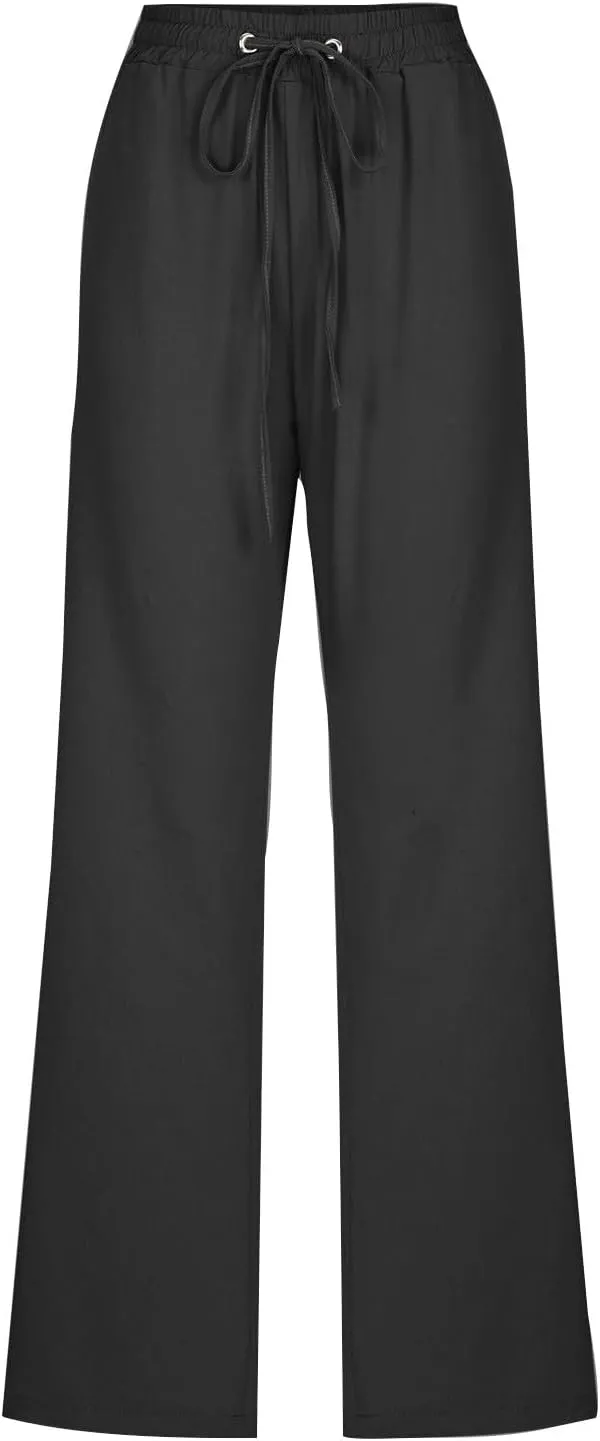 Womens Straight Leg Linen Pants Drawstring Elastic Waist Casual Trousers with Pockets Summer Beach Lounge Pants
