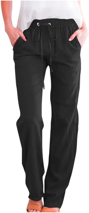 Womens Straight Leg Linen Pants Drawstring Elastic Waist Casual Trousers with Pockets Summer Beach Lounge Pants