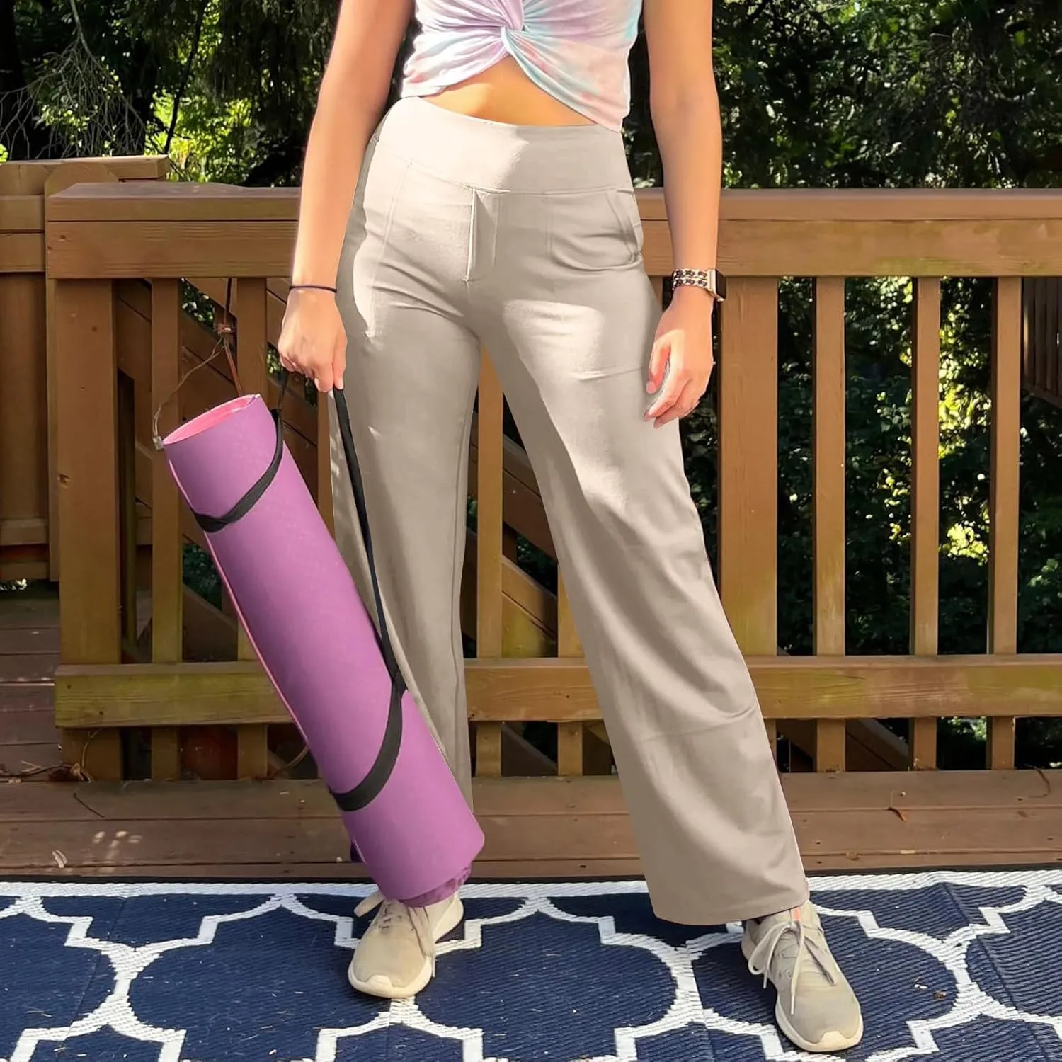 Women's Straight Leg Yoga Pants with Pockets High Waist Office Work Stretch Dress Pants Baggy Trouser Sweatpants