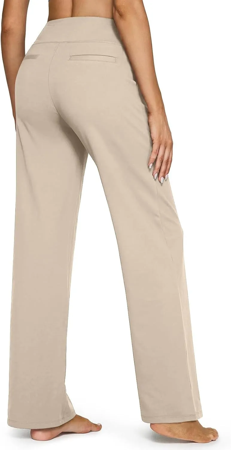 Women's Straight Leg Yoga Pants with Pockets High Waist Office Work Stretch Dress Pants Baggy Trouser Sweatpants
