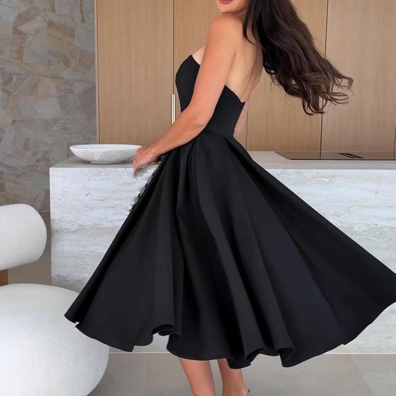 Women's Strapless Sleeveless Midi Tube Dress Elegant Casual A-Line Swing Pleated Cocktail Party Wedding Guest Dresses