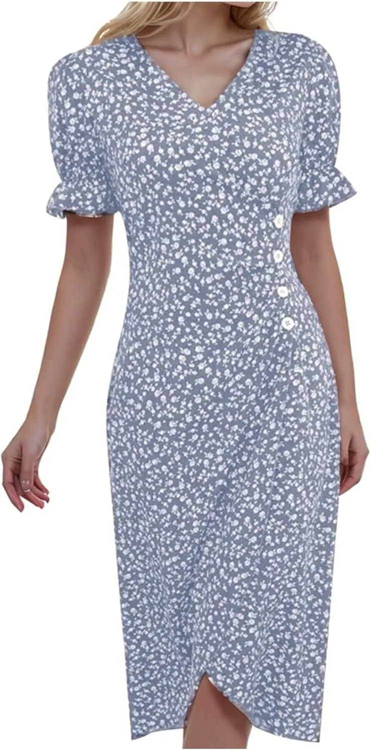 Womens Summer Boho Dresses Casual Puff Short Sleeve Midi Wrap Dress Floral Printed V Neck Beach Wrap Vacation Sundress