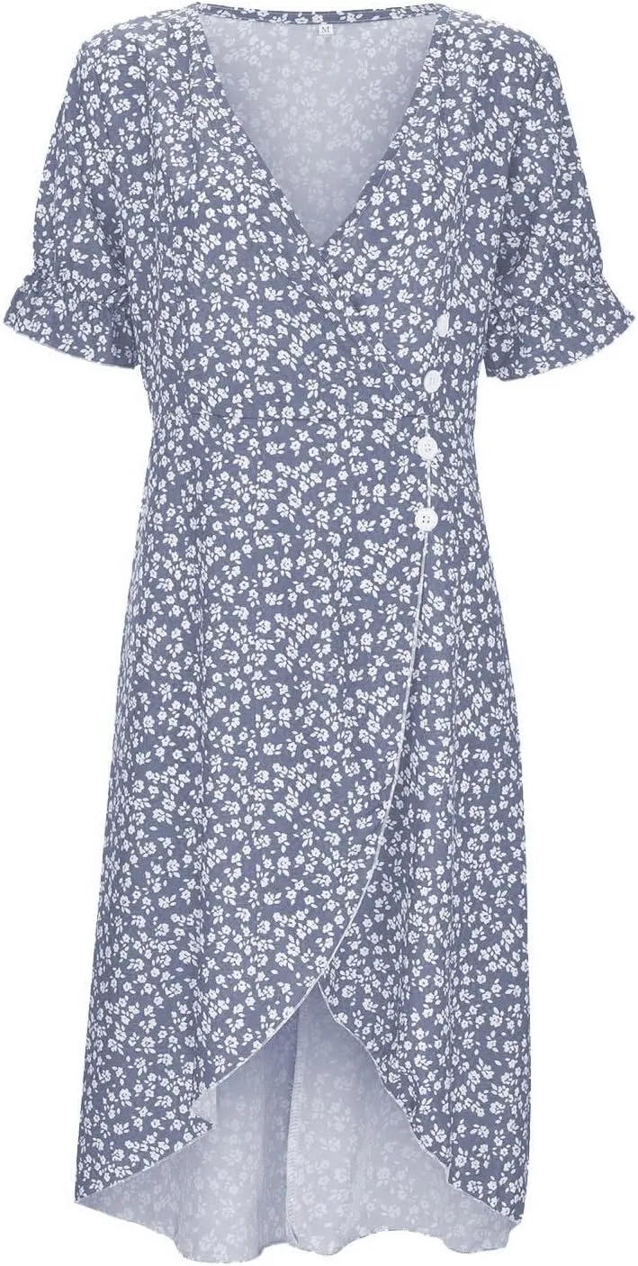 Womens Summer Boho Dresses Casual Puff Short Sleeve Midi Wrap Dress Floral Printed V Neck Beach Wrap Vacation Sundress