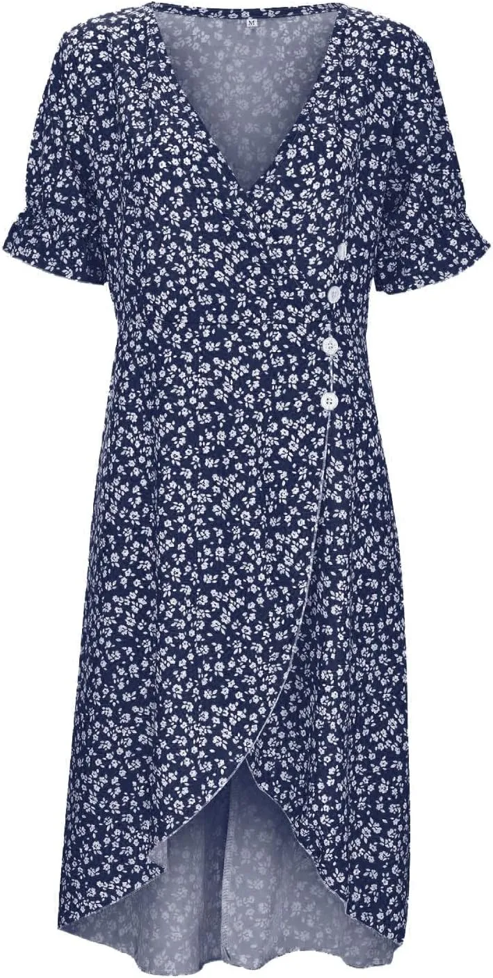 Womens Summer Boho Dresses Casual Puff Short Sleeve Midi Wrap Dress Floral Printed V Neck Beach Wrap Vacation Sundress
