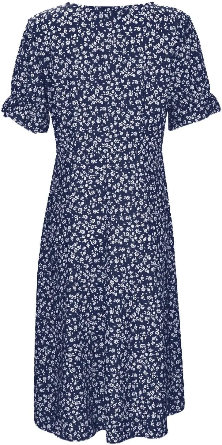 Womens Summer Boho Dresses Casual Puff Short Sleeve Midi Wrap Dress Floral Printed V Neck Beach Wrap Vacation Sundress
