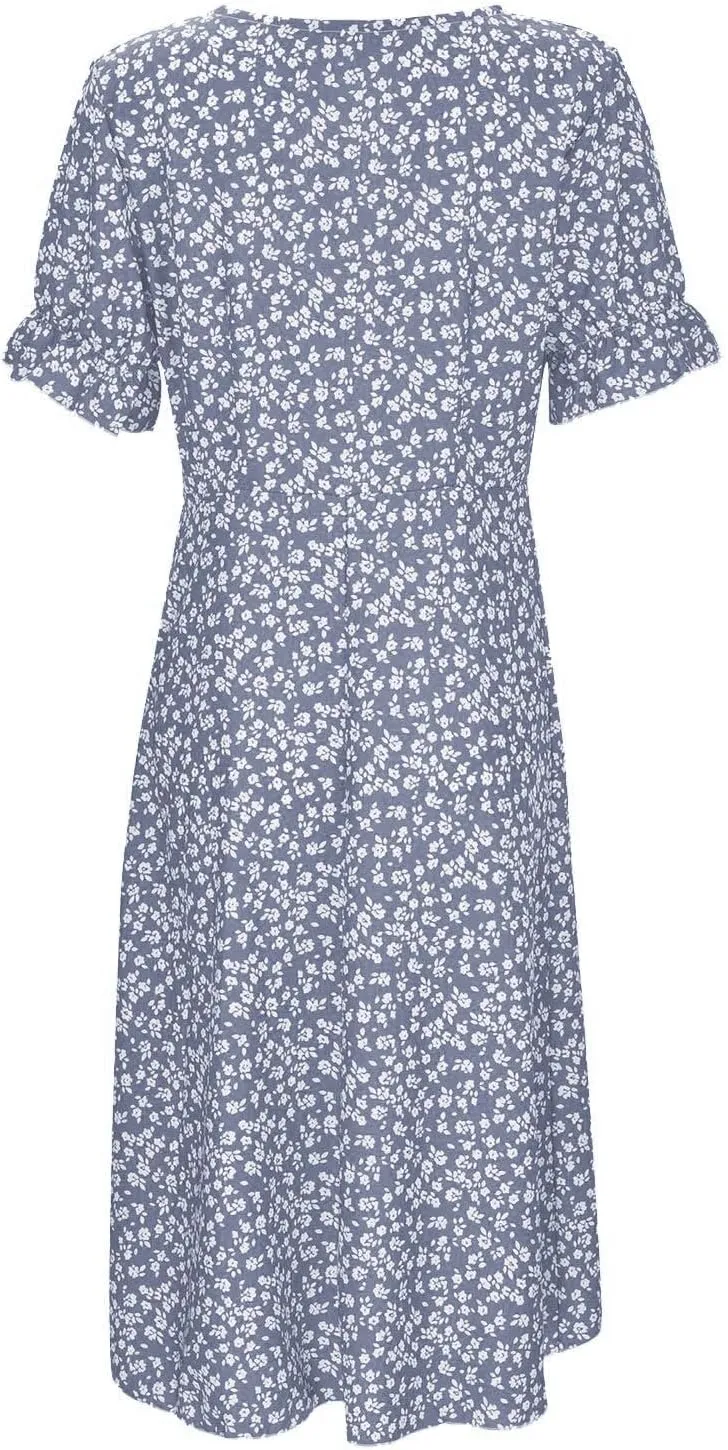 Womens Summer Boho Dresses Casual Puff Short Sleeve Midi Wrap Dress Floral Printed V Neck Beach Wrap Vacation Sundress