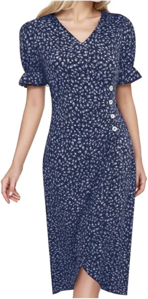 Womens Summer Boho Dresses Casual Puff Short Sleeve Midi Wrap Dress Floral Printed V Neck Beach Wrap Vacation Sundress