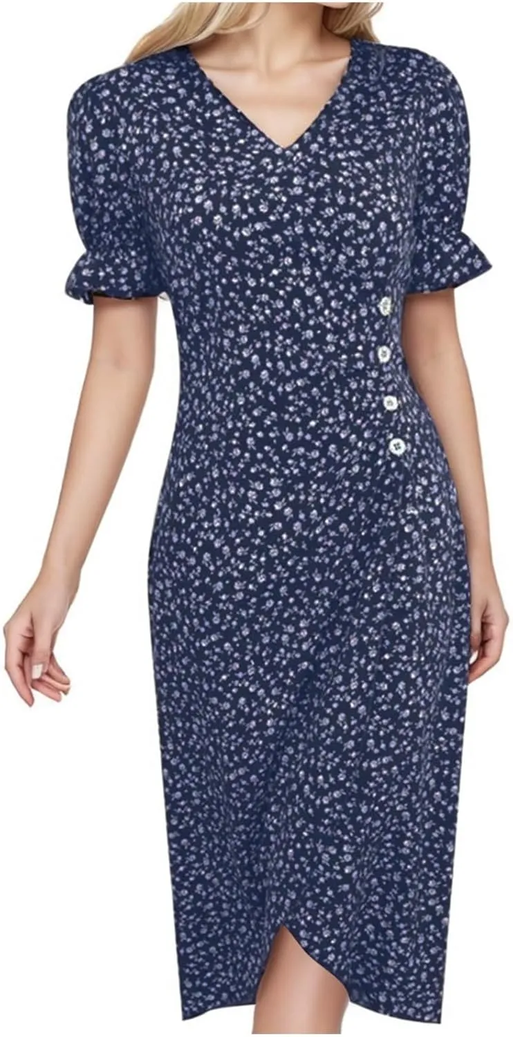 Womens Summer Boho Dresses Casual Puff Short Sleeve Midi Wrap Dress Floral Printed V Neck Beach Wrap Vacation Sundress