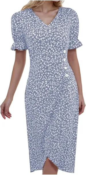 Womens Summer Boho Dresses Casual Puff Short Sleeve Midi Wrap Dress Floral Printed V Neck Beach Wrap Vacation Sundress