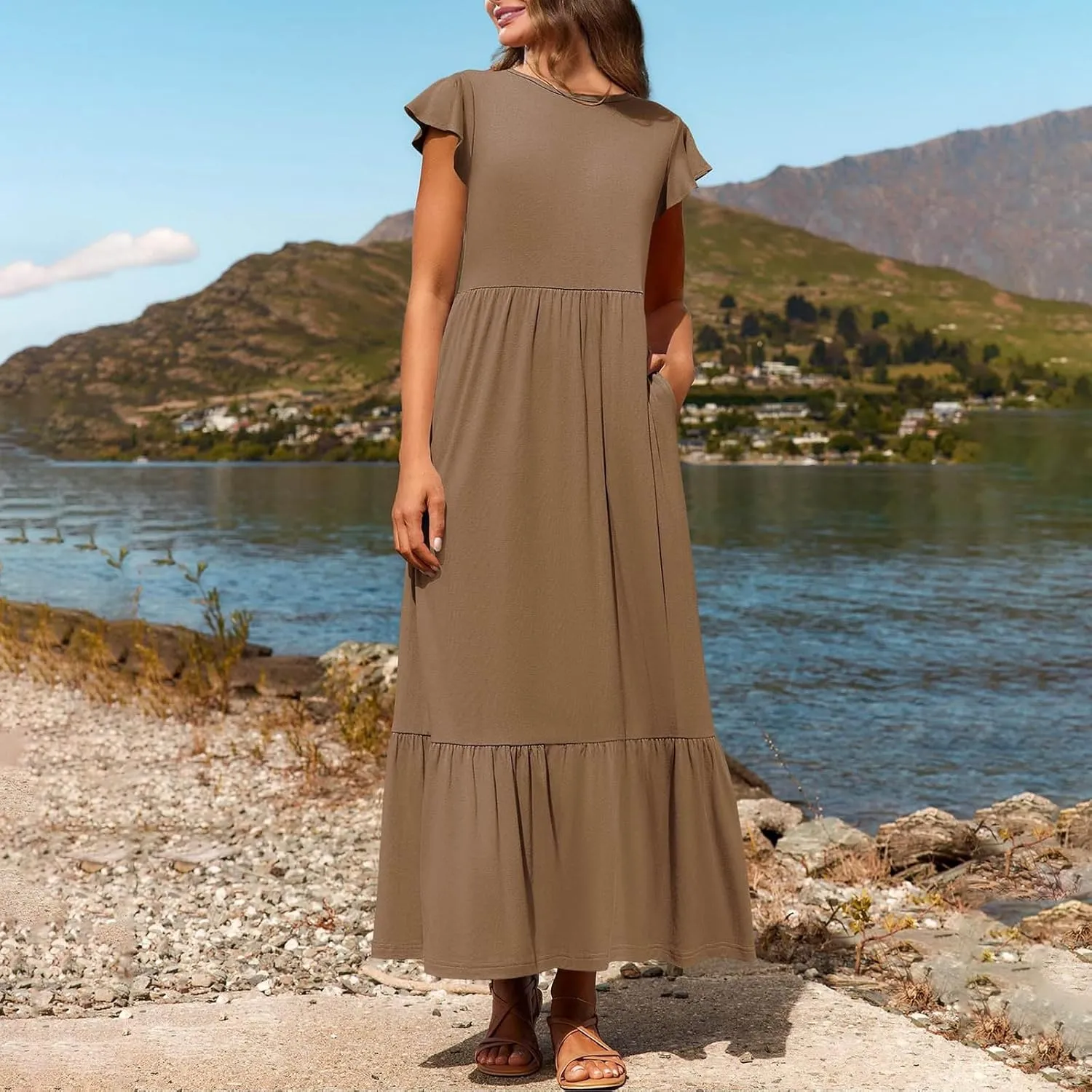 Womens Summer Casual Crewneck Swing Dress Casual Flowy Tiered Maxi Beach Dress with Pockets Dress