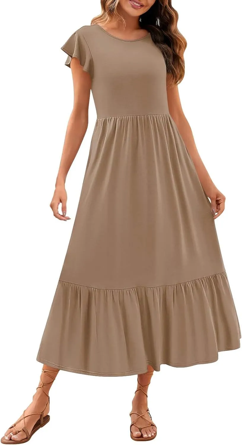 Womens Summer Casual Crewneck Swing Dress Casual Flowy Tiered Maxi Beach Dress with Pockets Dress