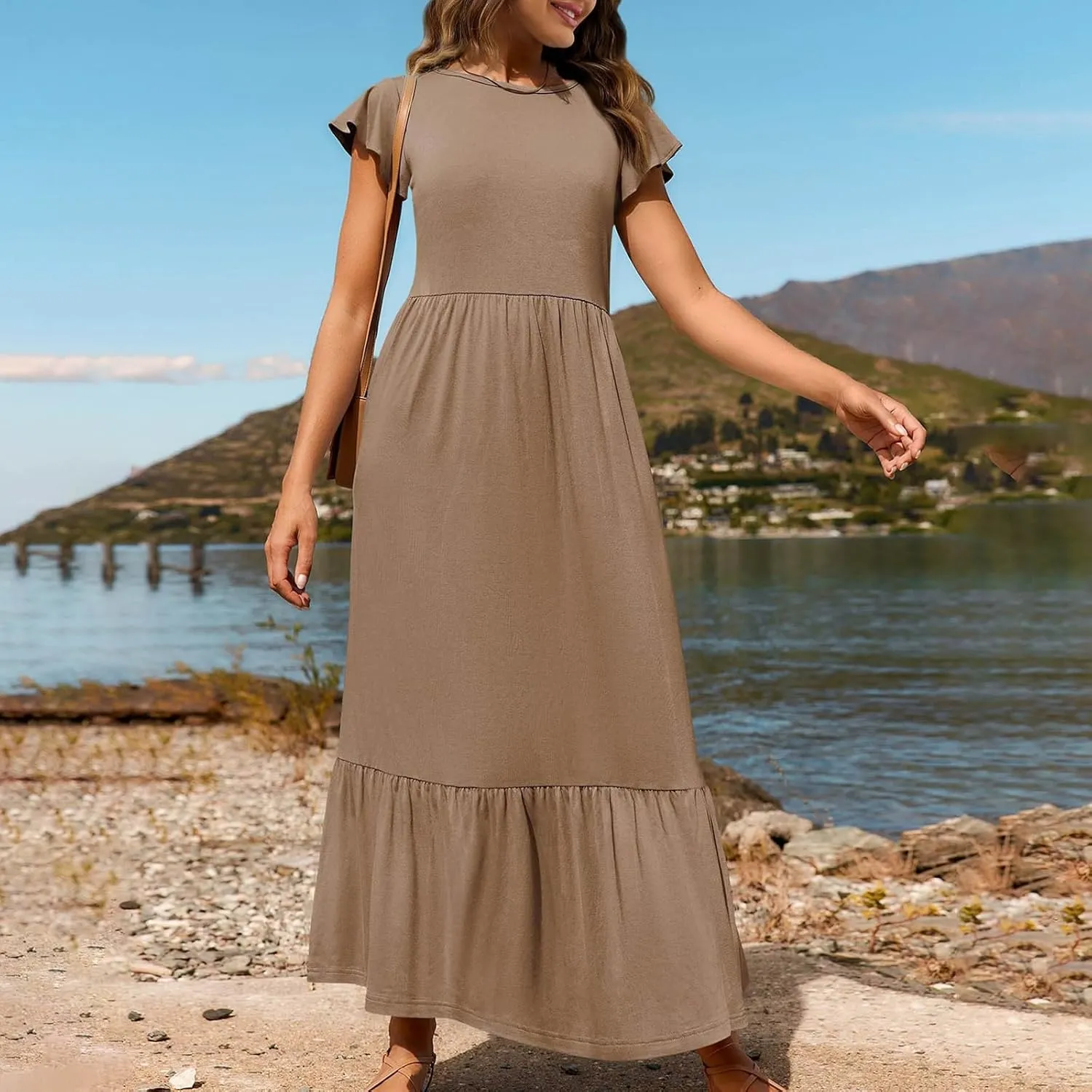 Womens Summer Casual Crewneck Swing Dress Casual Flowy Tiered Maxi Beach Dress with Pockets Dress